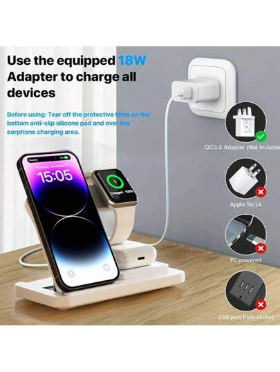 شاحن لاسلكي 3 في 1 متوافق مع أجهزة 15 و 14 و 13 و 12 برو ماكس و 11 بشحن سريع 15 واط، قاعدة شحن متوافقة مع ساعة Apple وسماعات ، حامل شحن لاسلكي متوافق مع أجهزة 16 و 15 و 14 و 13 و 12 و 11 و X و 8 برو ماكس/برو/مني/بلس، متوافق مع ساعة ومع سماعات ، مناسب للمك