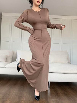 Feyla فستان أنيق بياقة طاقم، أكمام طويلة، بتصميم ذو لون عادي واخدود دائري
