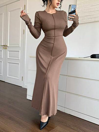 Feyla فستان أنيق بياقة طاقم، أكمام طويلة، بتصميم ذو لون عادي واخدود دائري