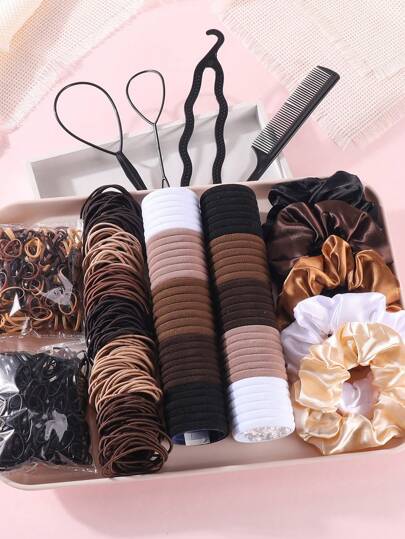 1109 قطعة من مجموعة اكسسوارات الشعر للبنات، حاملات الذيل والربطات من النايلون الأساسية، رباطات الشعر المخملية باللونين الأسود والبني، شرائط المطاط محايدة اللون، أدوات تصفيف الشعر لصنع ضفائر، إكسسوارات رأس لاستخدام يومي