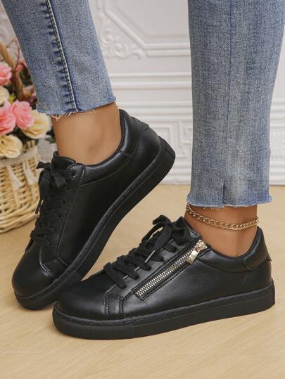 أحذية رياضية نسائية كاجوال جديدة باللون الأسود، تصميم سحاب جانبي ونسيج كلاسيكي، أحذية خارجية كاجوال بسيطة ومريحة