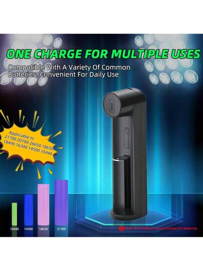 powerKAN شاحن ذكي للبطارية أيون الليثيوم ذو فتحة واحدة ومؤشر إضاءة LED، متوافق مع بطاريات أسطوانية ليثيوم 3.7 فولت مثل 10440 14500 14650 16340 16650 17650 17670 18350 18490 18500 18650 20700 21700 22700 26650 26700...، إدخال USB 5 فولت (البطارية غير مشمول