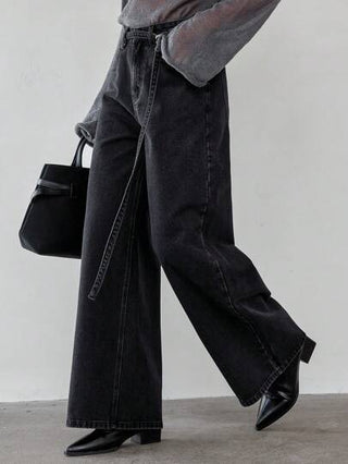 Dazy-Less بنطال جينز للسيدات، قصة بساق مستقيمة بخصر رباط، بتصميم عصري وأنيق من الدنيم، بأسلوب \القديم\" للأعمال والملابس الرسمية"