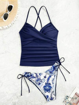 طقم تانكيني حريمي Swim Lushoire أطقم البحر الصيفية للنساء مكونة من ملابس علوية تانكيني بلون أحادي مجعد متصالب و أسفل بكيني مثلث