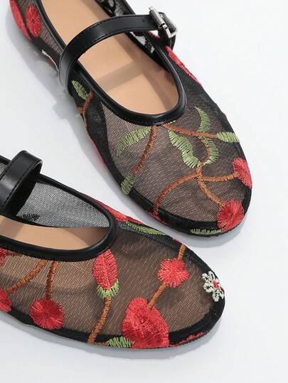 صنادل نسائية صيفية، شبكية التطريز بنمط الزهور، أحذية فلات فاشون مريم زان، تنفس وفتحات للخارج، صنادل مفتوحة