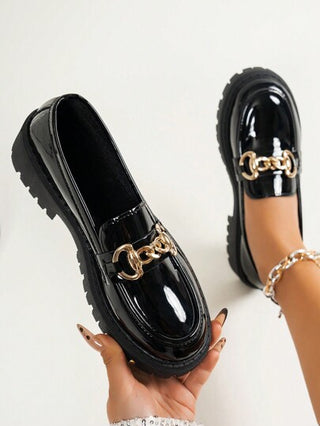 أحذية أوكسفورد حريمي نساء متعددة الوظائف مزينة بمعدن تصميم منخفض الكعب اصدار الأكسفورد كاجوال بتأثير المرآة، نمط بريطاني ريترو أنيق، مريح ناعم متوسط الكعب. لسنوات 2025 ربيع صيف خريف شتاء بلون أسود لامع