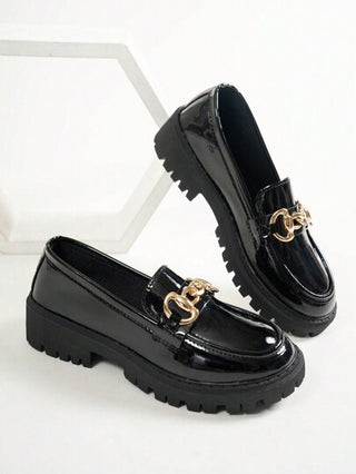 أحذية أوكسفورد حريمي نساء متعددة الوظائف مزينة بمعدن تصميم منخفض الكعب اصدار الأكسفورد كاجوال بتأثير المرآة، نمط بريطاني ريترو أنيق، مريح ناعم متوسط الكعب. لسنوات 2025 ربيع صيف خريف شتاء بلون أسود لامع