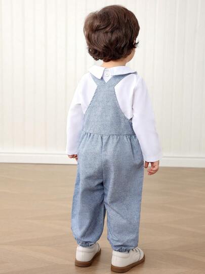 Souflis Souflis بنطلون تعليق مطبوع برسمة وحيد القرن جميلة لصبي رضيع، مع قميص أبيض، إطلالة جنتلمان، خيار ملابس مريح وممتع للخروجات اليومية أو أحداث التصوير والحفلات