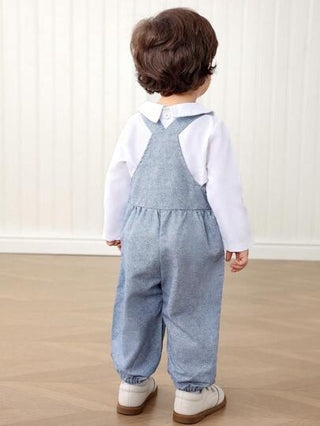 Souflis Souflis بنطلون تعليق مطبوع برسمة وحيد القرن جميلة لصبي رضيع، مع قميص أبيض، إطلالة جنتلمان، خيار ملابس مريح وممتع للخروجات اليومية أو أحداث التصوير والحفلات