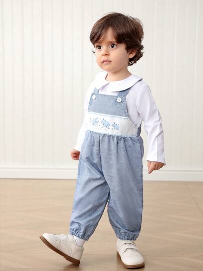 Souflis Souflis بنطلون تعليق مطبوع برسمة وحيد القرن جميلة لصبي رضيع، مع قميص أبيض، إطلالة جنتلمان، خيار ملابس مريح وممتع للخروجات اليومية أو أحداث التصوير والحفلات