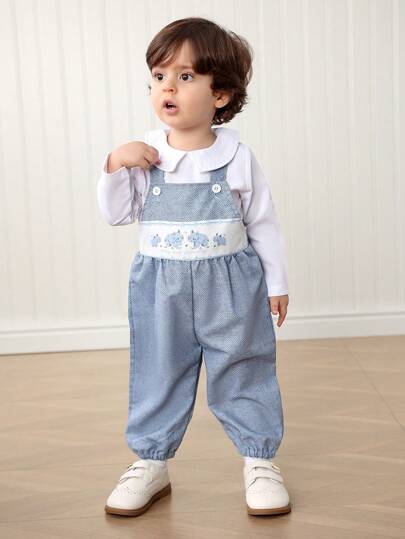 Souflis Souflis بنطلون تعليق مطبوع برسمة وحيد القرن جميلة لصبي رضيع، مع قميص أبيض، إطلالة جنتلمان، خيار ملابس مريح وممتع للخروجات اليومية أو أحداث التصوير والحفلات