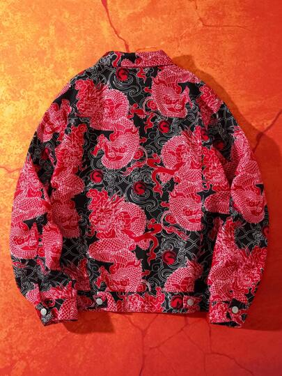 Mortal Kombat X SHEIN جاكيت شبابية وسطية كاجوال منقوشة بطباعة التنين الأسود والأحمر ذات جيب وظيفي