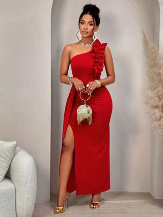 فستان أنيق برقبة مكشكشة وفتحة جانبية للنساء ذات تصميم مجعد وأكتاف غير متناظرة، لحفلات الزفاف والمناسبات الرسمية والعشاء الخاص وعيد الحب، لموسم الخريف والشتاء 2024