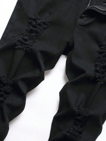 سراويل جينز ضيقة مطاطية مع ركبة ممزقة كبيرة، سراويل ضيقة عصرية كاجوال للرجال