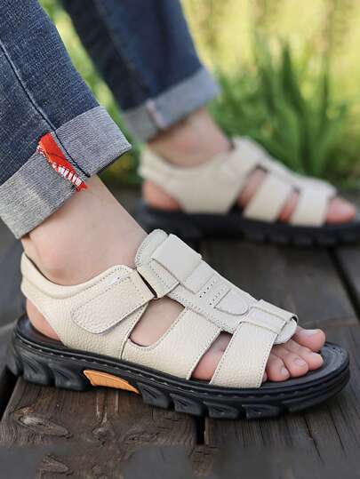 صنادل جلد طبيعي للرجال مع أشرطة قابلة للتعديل بخطاف ولولب، وبطانة مضادة للانزلاق، أحذية شاطئ كاجوال صيفية للخارج