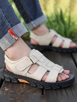 صنادل جلد طبيعي للرجال مع أشرطة قابلة للتعديل بخطاف ولولب، وبطانة مضادة للانزلاق، أحذية شاطئ كاجوال صيفية للخارج