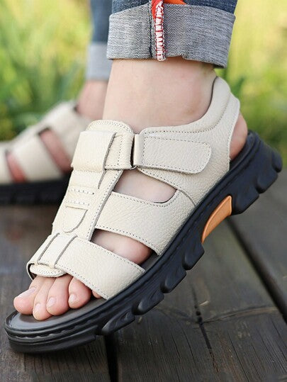 صنادل جلد طبيعي للرجال مع أشرطة قابلة للتعديل بخطاف ولولب، وبطانة مضادة للانزلاق، أحذية شاطئ كاجوال صيفية للخارج