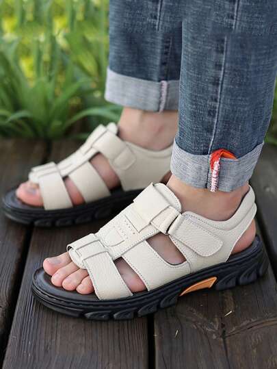 صنادل جلد طبيعي للرجال مع أشرطة قابلة للتعديل بخطاف ولولب، وبطانة مضادة للانزلاق، أحذية شاطئ كاجوال صيفية للخارج