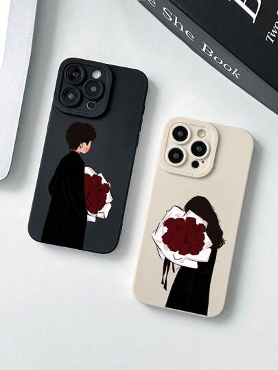 2 قطعة من أغطية الهاتف الرومانسية للأزواج بنقوش الورد، هدايا أغطية الهواتف لعيد الحب، مزودة بحماية للعدسة، متوافقة مع هواتف آيفون وغالاكسي، باللونين الأبيض والأسود