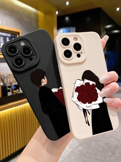 2 قطعة من أغطية الهاتف الرومانسية للأزواج بنقوش الورد، هدايا أغطية الهواتف لعيد الحب، مزودة بحماية للعدسة، متوافقة مع هواتف آيفون وغالاكسي، باللونين الأبيض والأسود
