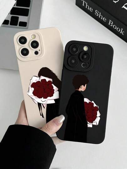 2 قطعة من أغطية الهاتف الرومانسية للأزواج بنقوش الورد، هدايا أغطية الهواتف لعيد الحب، مزودة بحماية للعدسة، متوافقة مع هواتف آيفون وغالاكسي، باللونين الأبيض والأسود