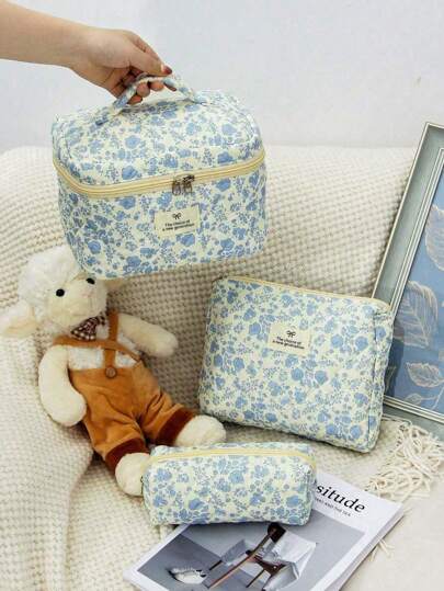 حقيبة تخزين 1 قطعة/مجموعة حقيبة مكياج كبيرة، حقيبة مكياج للسفر، محفظة مُنظِّمة للنساء العاديات ذات سعة كبيرة مزينة بطباعة زهور جميلة، لحفظ مستحضرات التجميل والعناية الشخصية والمكياج اللازم للسفر، أدوات تخزين، هدايا ذات سحاب وإكسسوارات
