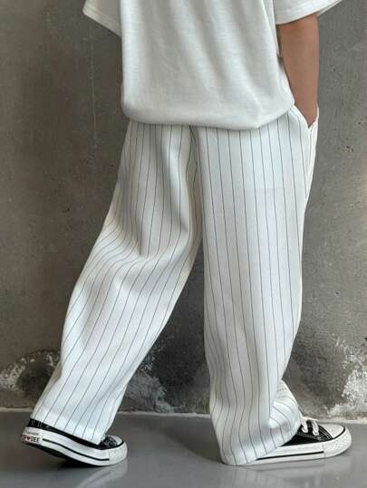 SHEIN بنطلون بخصر مطاطي مخطط بطراز كوري بسيط وجذاب مناسب للرضع الأولاد، مناسب للحفلات والسفر والتجمعات اليومية، مناسب لفصول الربيع والصيف والخريف والشتاء، قمصان أطفال موديلات خريفية، أطقم قمصان، ملابس أطفال أولاد، ملابس للعودة إلى المدرسة، ملابس خريفية، ف