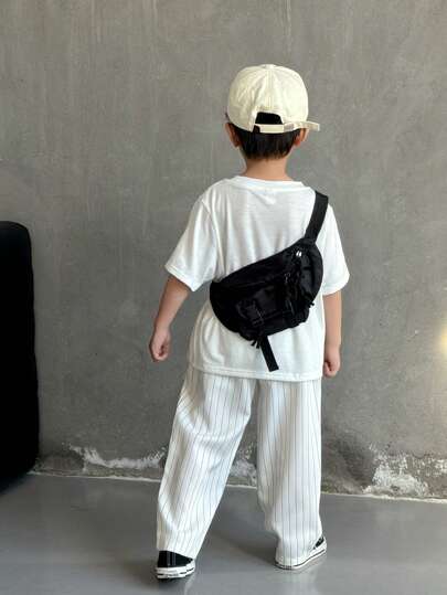 SHEIN بنطلون بخصر مطاطي مخطط بطراز كوري بسيط وجذاب مناسب للرضع الأولاد، مناسب للحفلات والسفر والتجمعات اليومية، مناسب لفصول الربيع والصيف والخريف والشتاء، قمصان أطفال موديلات خريفية، أطقم قمصان، ملابس أطفال أولاد، ملابس للعودة إلى المدرسة، ملابس خريفية، ف