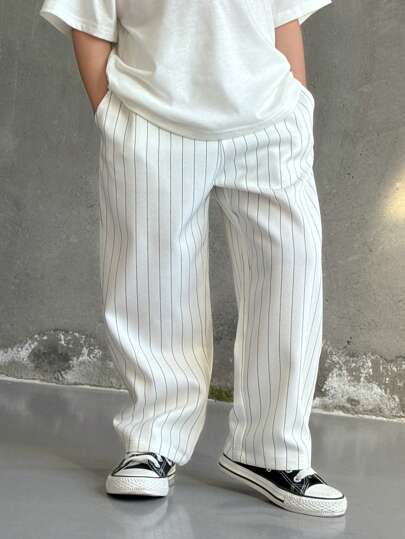 SHEIN بنطلون بخصر مطاطي مخطط بطراز كوري بسيط وجذاب مناسب للرضع الأولاد، مناسب للحفلات والسفر والتجمعات اليومية، مناسب لفصول الربيع والصيف والخريف والشتاء، قمصان أطفال موديلات خريفية، أطقم قمصان، ملابس أطفال أولاد، ملابس للعودة إلى المدرسة، ملابس خريفية، ف