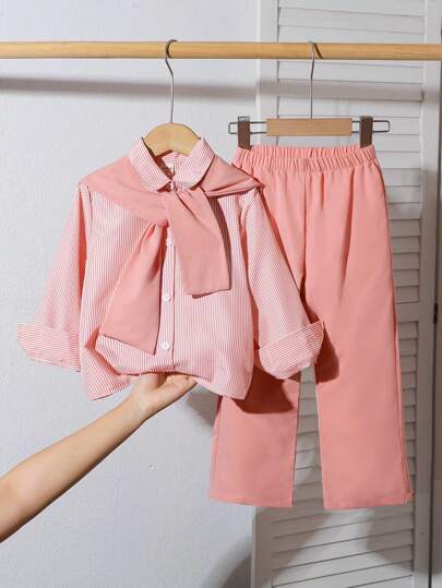 تيشيرتات بناتي مجموعة قميص مخطط وبنطال صلب لفتاة صغيرة من قطعتين