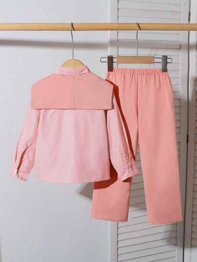 تيشيرتات بناتي مجموعة قميص مخطط وبنطال صلب لفتاة صغيرة من قطعتين