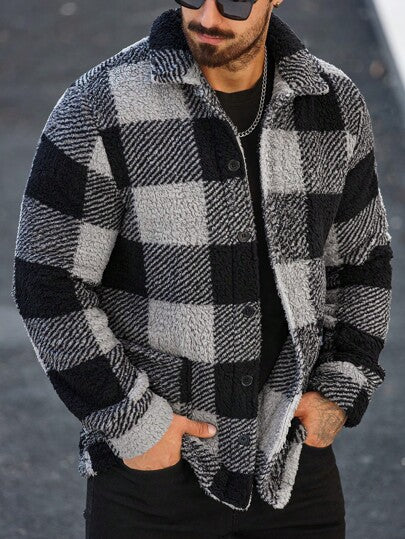 Manfinity Homme معطف كاجوال طويل الأكمام من الصوف المخطط بحالة فضفاضة، طقم رجالي للخريف والشتاء، جاكيت شتوية للرجال
