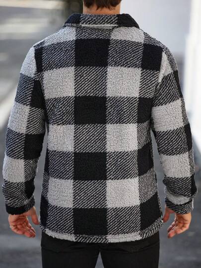 Manfinity Homme معطف كاجوال طويل الأكمام من الصوف المخطط بحالة فضفاضة، طقم رجالي للخريف والشتاء، جاكيت شتوية للرجال