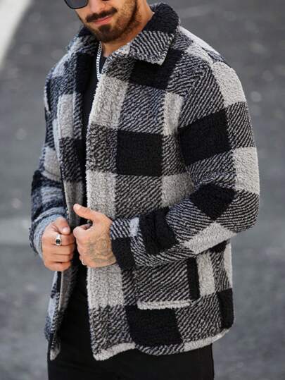 Manfinity Homme معطف كاجوال طويل الأكمام من الصوف المخطط بحالة فضفاضة، طقم رجالي للخريف والشتاء، جاكيت شتوية للرجال