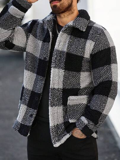 Manfinity Homme معطف كاجوال طويل الأكمام من الصوف المخطط بحالة فضفاضة، طقم رجالي للخريف والشتاء، جاكيت شتوية للرجال