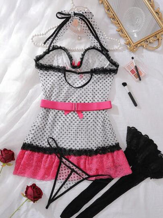 لانجيري حريمي PetitDoll طقم ملابس داخلية للنساء سكسية: فستان شريط منقط + جوارب طويلة + سروال داخلي