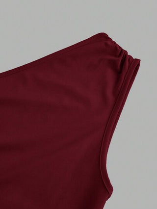 EZwear فستان ماكسي أنيق أنثوي بتصميم التشريب والفتحات في الكتف وذيل السمكة باللون الواحد