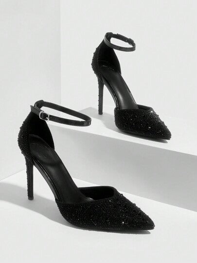 CUCCOO SZL أحذية كعب عالي بكعب إبري مزينة بحجارة الراين الكاملة مع رباط الكاحل، باللون الأسود، مناسبة للمناسبات الرسمية، الحفلات والمهرجاناترمضان