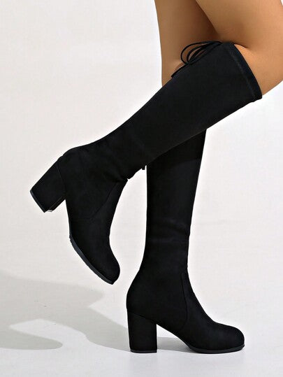 بوت فوق الركبة ذات كعب سميك مطاطي من الجلد المدبوغ للنساء باللون الأسود، بوت ذات كعب عالي موضة لفصلي الخريف/الشتاء، يمكن ارتداؤها مع الأحذية القصيرة والجينز والتنورة القصيرة