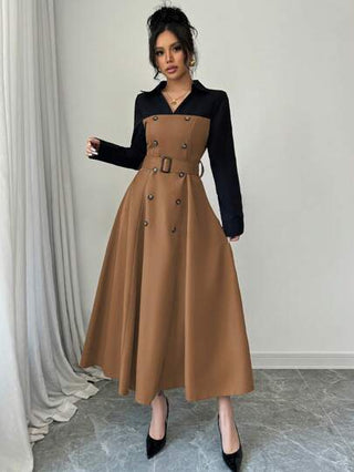 فساتين حريمي Modelyn فستان طويل أنيق للنساء بياقة منحنية وأكمام طويلة وأزرار مزدوجة، فساتين سهرة طويلة للخريف