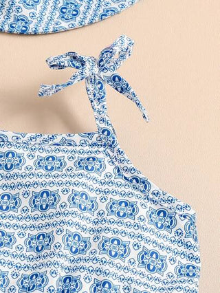 SHEIN فستان مطبوع بطبعة زهرية مع وشاح قابل للإزالة وقبعة دلو مطابقة، مناسب لرحلات البحر الصيفية للبنات الصغيرات