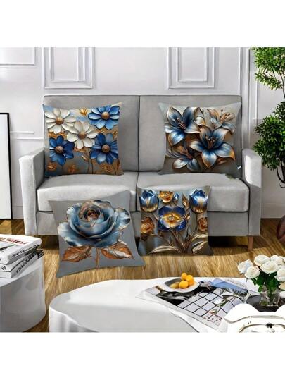 4 قطع أغطية وسادة مطبوعة طباعة ثلاثية الأبعاد بنقوش زهور حديثة ، مقاس 17.72 بوصة مربع ، أغلفة من البوليستر القابلة للغسيل مزودة بسحاب،ديكور منزلي للصالة والغرفة والأريكة ، بدون إدراج