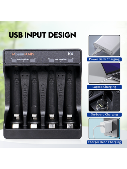powerKAN 4K شاحن بطارية نيكل معدنية هيدريد AA/AAA صغير، مؤشر LED يشحن 2/4 بطارية قابلة لإعادة الشحن 1.2 فولت نيكل معدنية هيدريد AA/AAA على التوالي، واجهة شحن USB من نوع C (البطارية غير مشمولة)