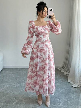 فساتين حريمي Mulvari فستان نسائي أنيق بأكمام فانوس بطبعات زهرية