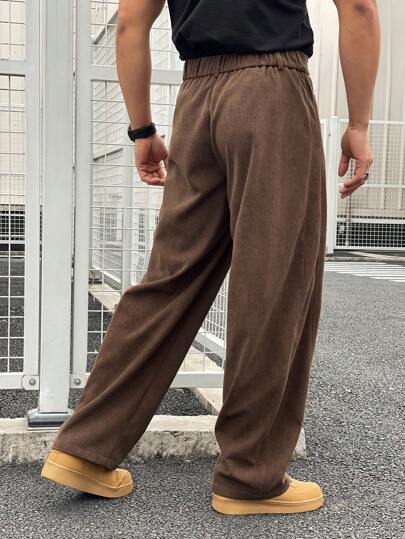 Manfinity Homme سروال بناطيل أمريكي من القطيفة الغسيل المستعمل للرجال, طراز ياباني كاجوال فضفاض واسع الساق