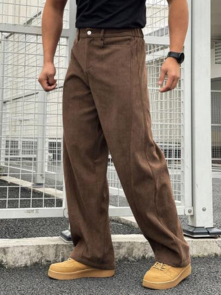 Manfinity Homme سروال بناطيل أمريكي من القطيفة الغسيل المستعمل للرجال, طراز ياباني كاجوال فضفاض واسع الساق