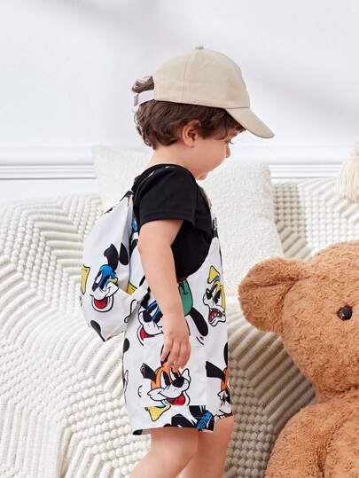 مجموعة 2 قطعة من ملابس الأطفال الرضع البنين، تشمل : قميص كارتون بنقشات الحيوانات + شورت، مناسب للربيع/الصيف، للاستخدام اليومي، المنزل، الحفلات