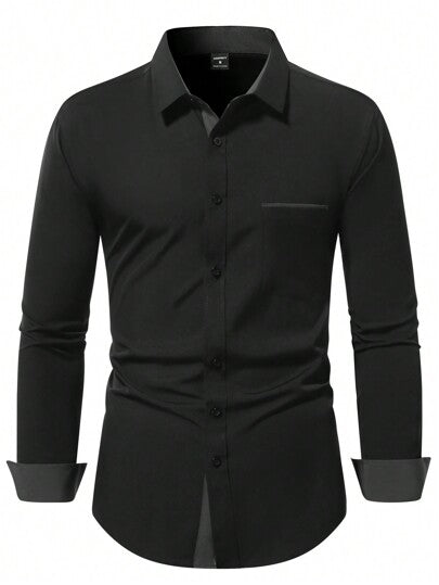 Manfinity Mode قميص رجالي كاجوال متعدد الاستخدامات بأكمام طويلة وتصميم ألوان متباينة، قميص أسود رسمي للرجال بأكمام طويلة، قمصان رسمية للرجال بتصميم أكمام طويلة باللون الأسود، قمصان رجالية للأعمال الرسمية الكاجوال، قمصان رسمية للرجال للخريف