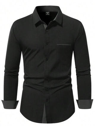 Manfinity Mode قميص رجالي كاجوال متعدد الاستخدامات بأكمام طويلة وتصميم ألوان متباينة، قميص أسود رسمي للرجال بأكمام طويلة، قمصان رسمية للرجال بتصميم أكمام طويلة باللون الأسود، قمصان رجالية للأعمال الرسمية الكاجوال، قمصان رسمية للرجال للخريف