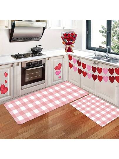 كومتان من السجاد الوردي والأبيض المربع بنمط رومانسي، كراش خدمات مطبخ متماشي مع عيد الحب، عديم الانزلاق مضاد للإرهاق، مناسب للمدخل والصالة والمطبخ وغرفة الغسيل، ديكور المنزل وديكور عيد الحب